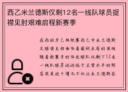 西乙米兰德斯仅剩12名一线队球员捉襟见肘艰难启程新赛季