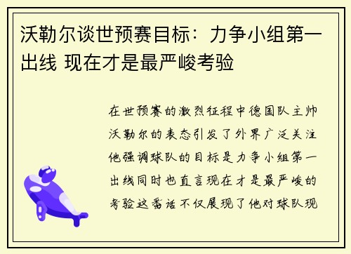 沃勒尔谈世预赛目标：力争小组第一出线 现在才是最严峻考验